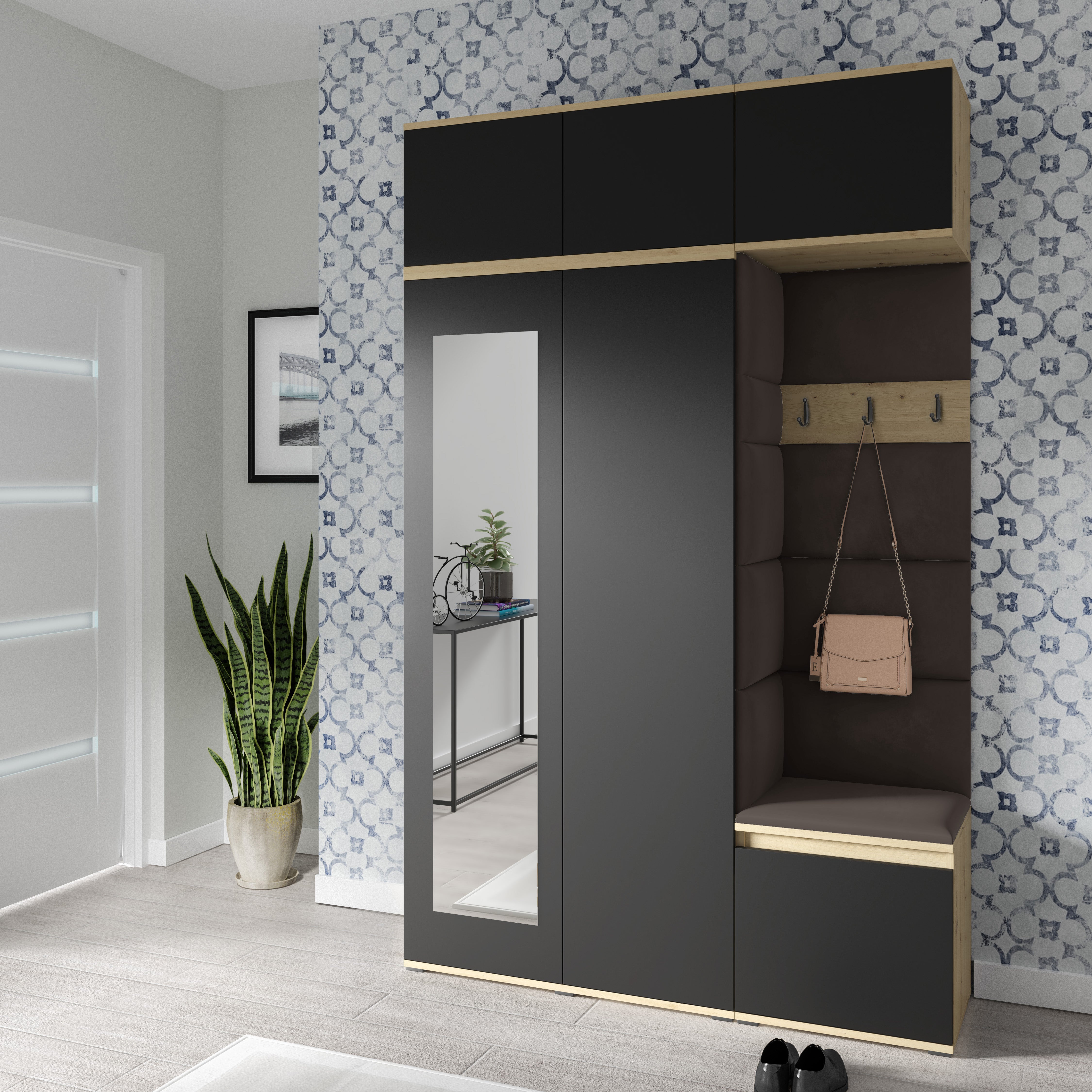 PK Emi 18 Hallway Wardrobe Artisan Oak / Black - Upholstered Panels in Various Colours