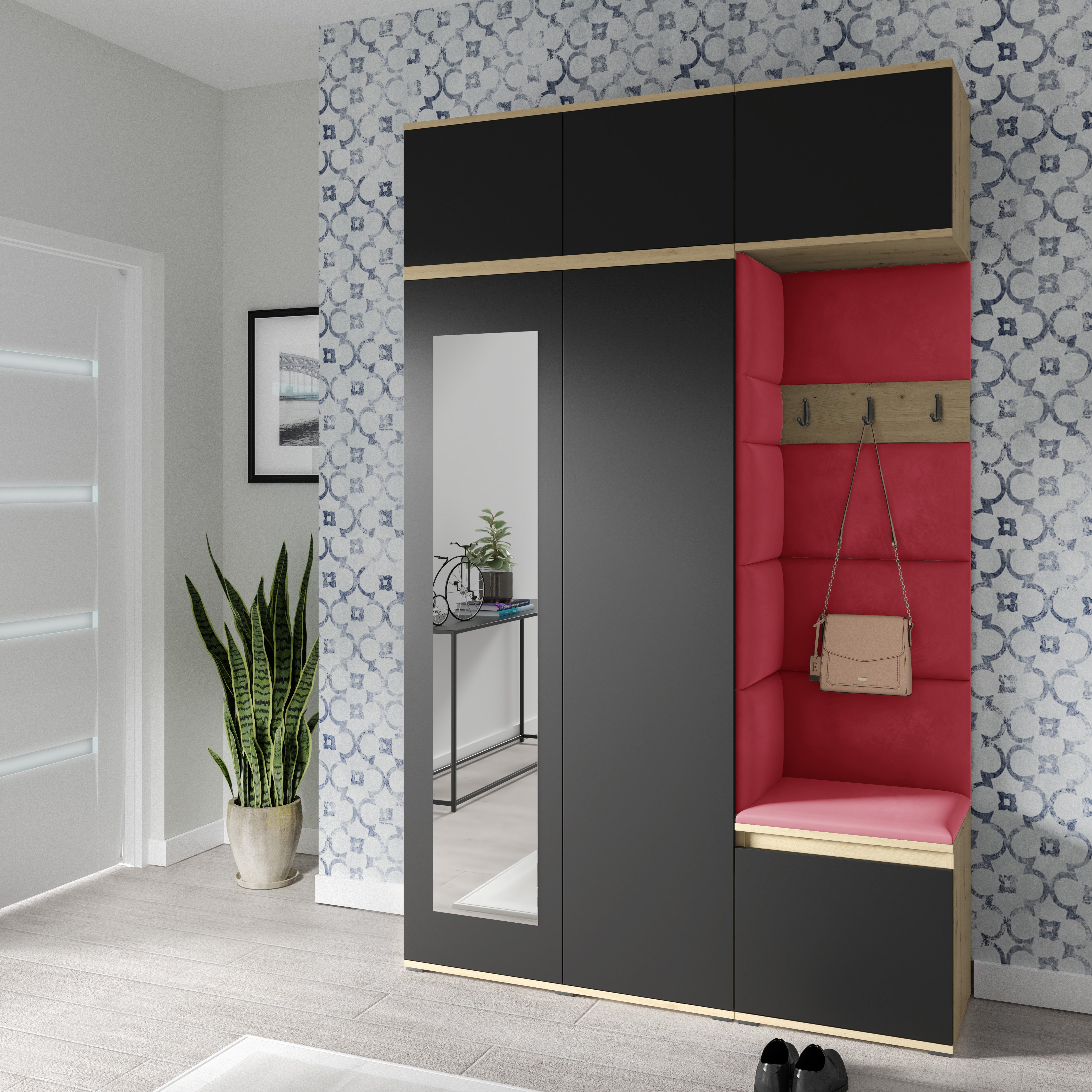 PK Emi 18 Hallway Wardrobe Artisan Oak / Black - Upholstered Panels in Various Colours