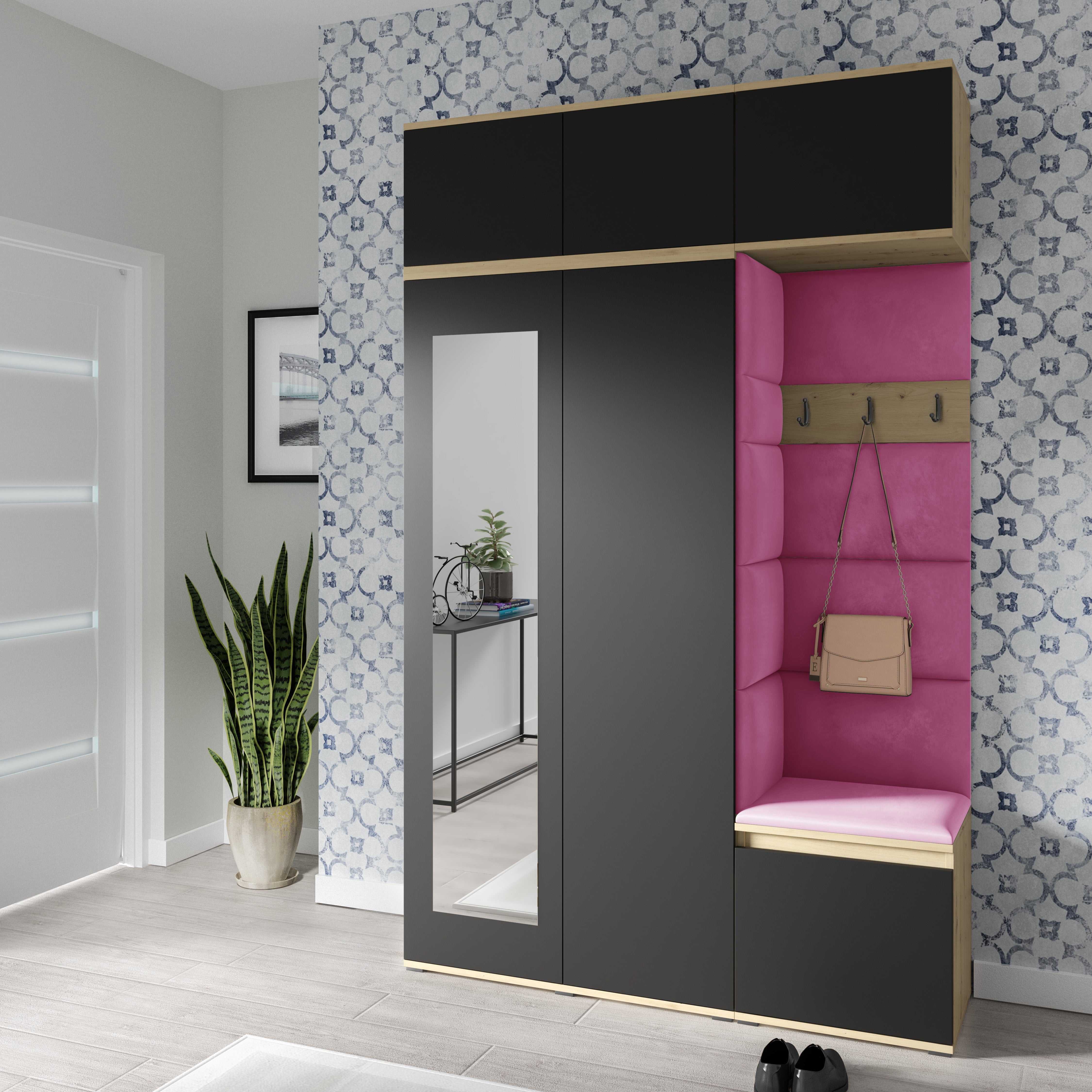 PK Emi 18 Hallway Wardrobe Artisan Oak / Black - Upholstered Panels in Various Colours