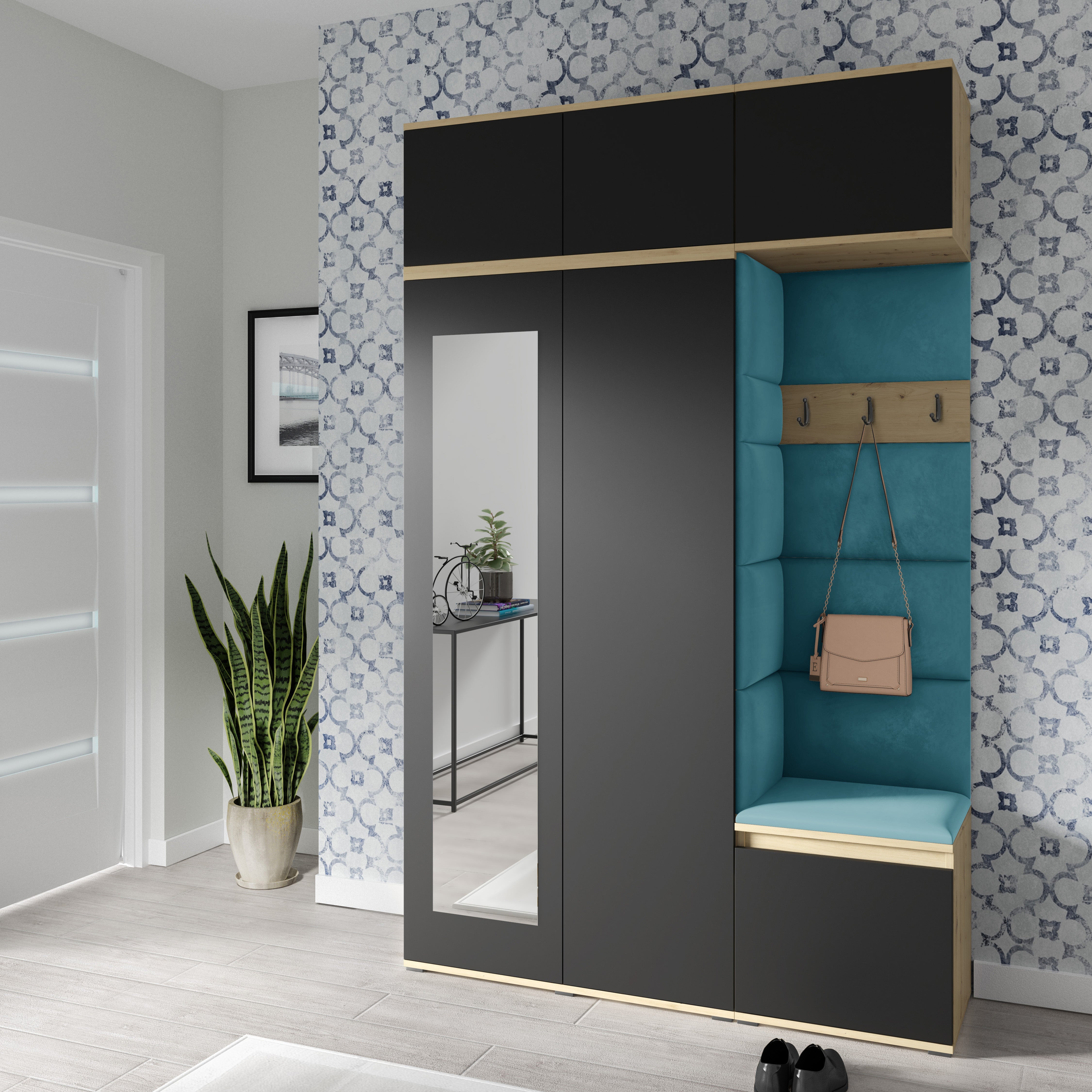 PK Emi 18 Hallway Wardrobe Artisan Oak / Black - Upholstered Panels in Various Colours