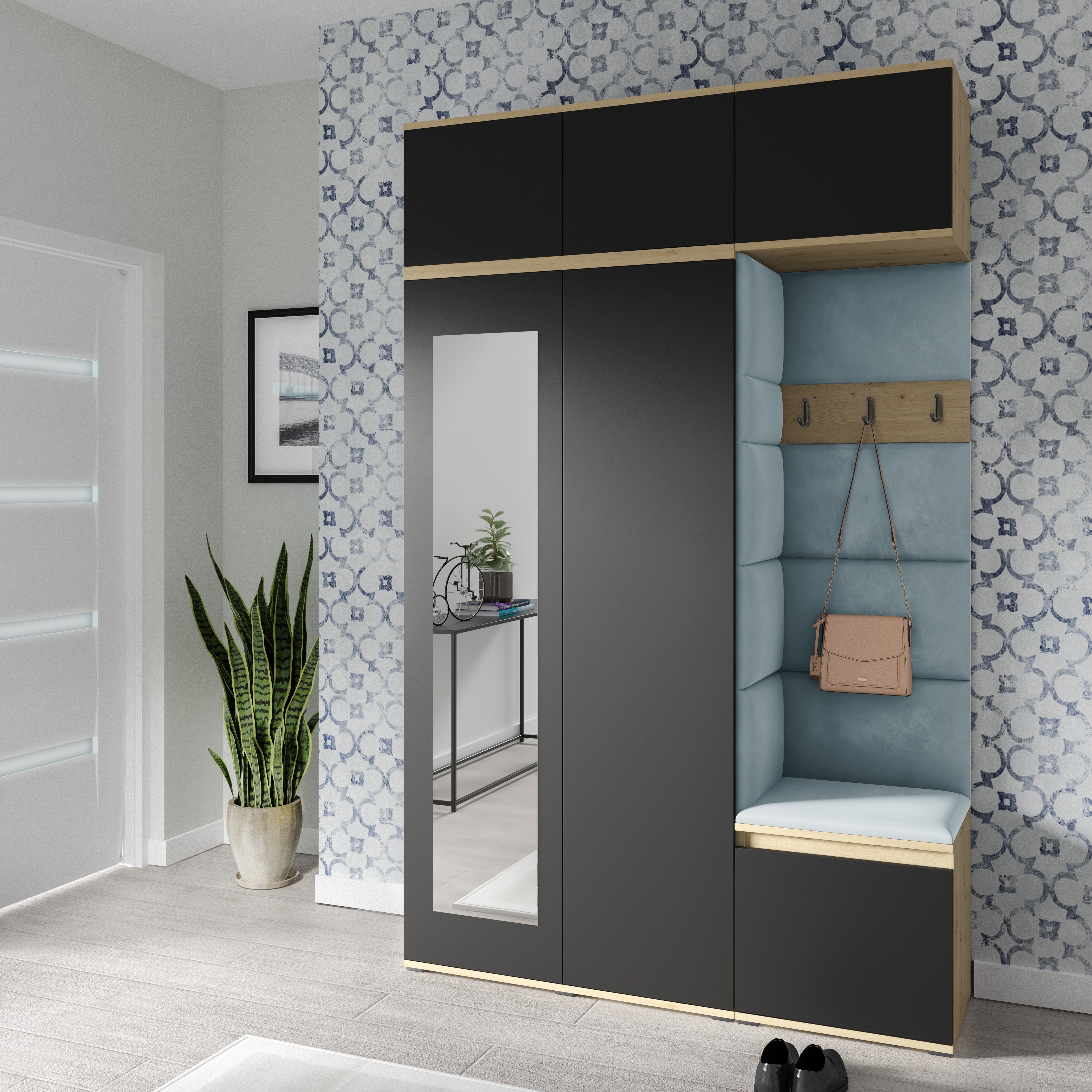 PK Emi 18 Hallway Wardrobe Artisan Oak / Black - Upholstered Panels in Various Colours