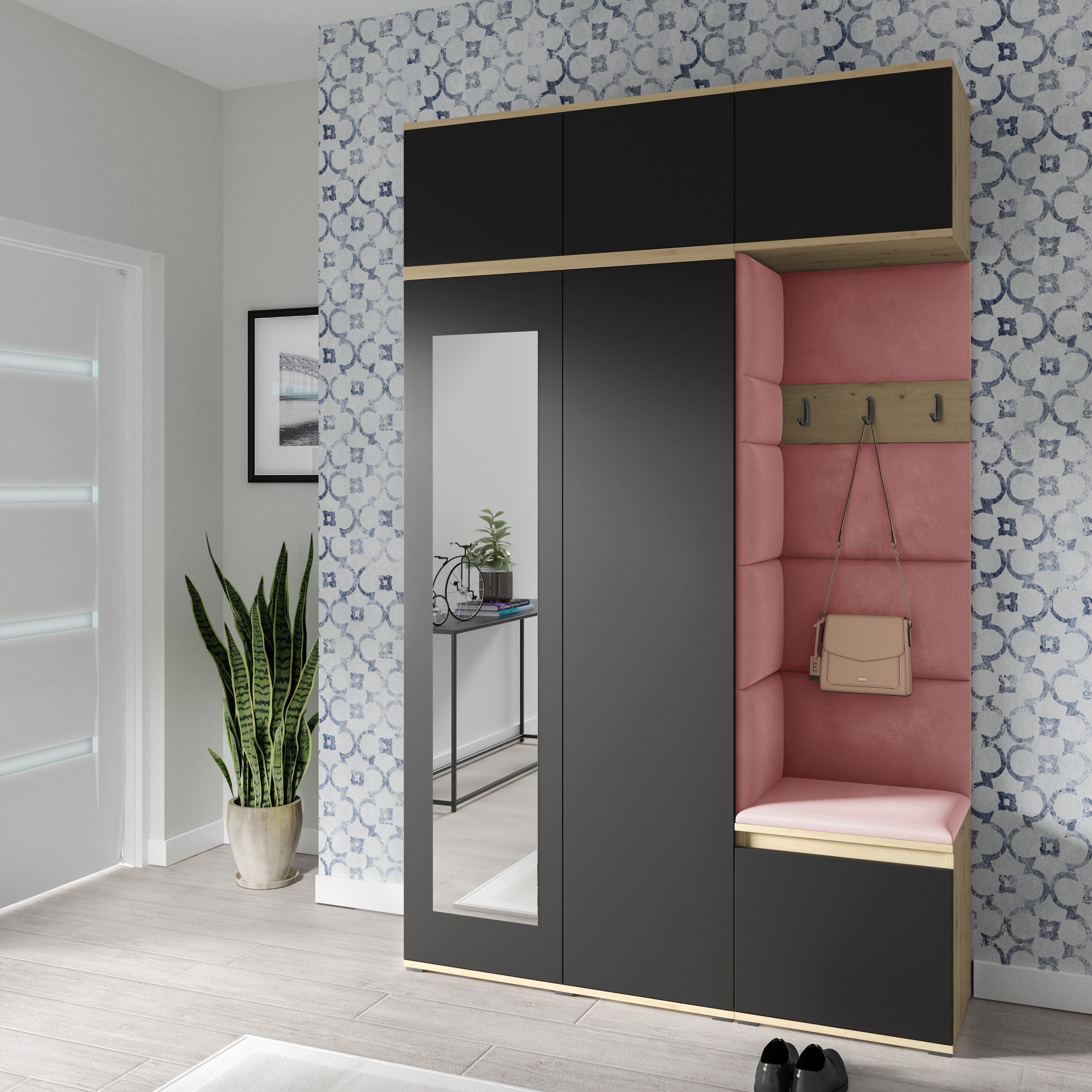 PK Emi 18 Hallway Wardrobe Artisan Oak / Black - Upholstered Panels in Various Colours