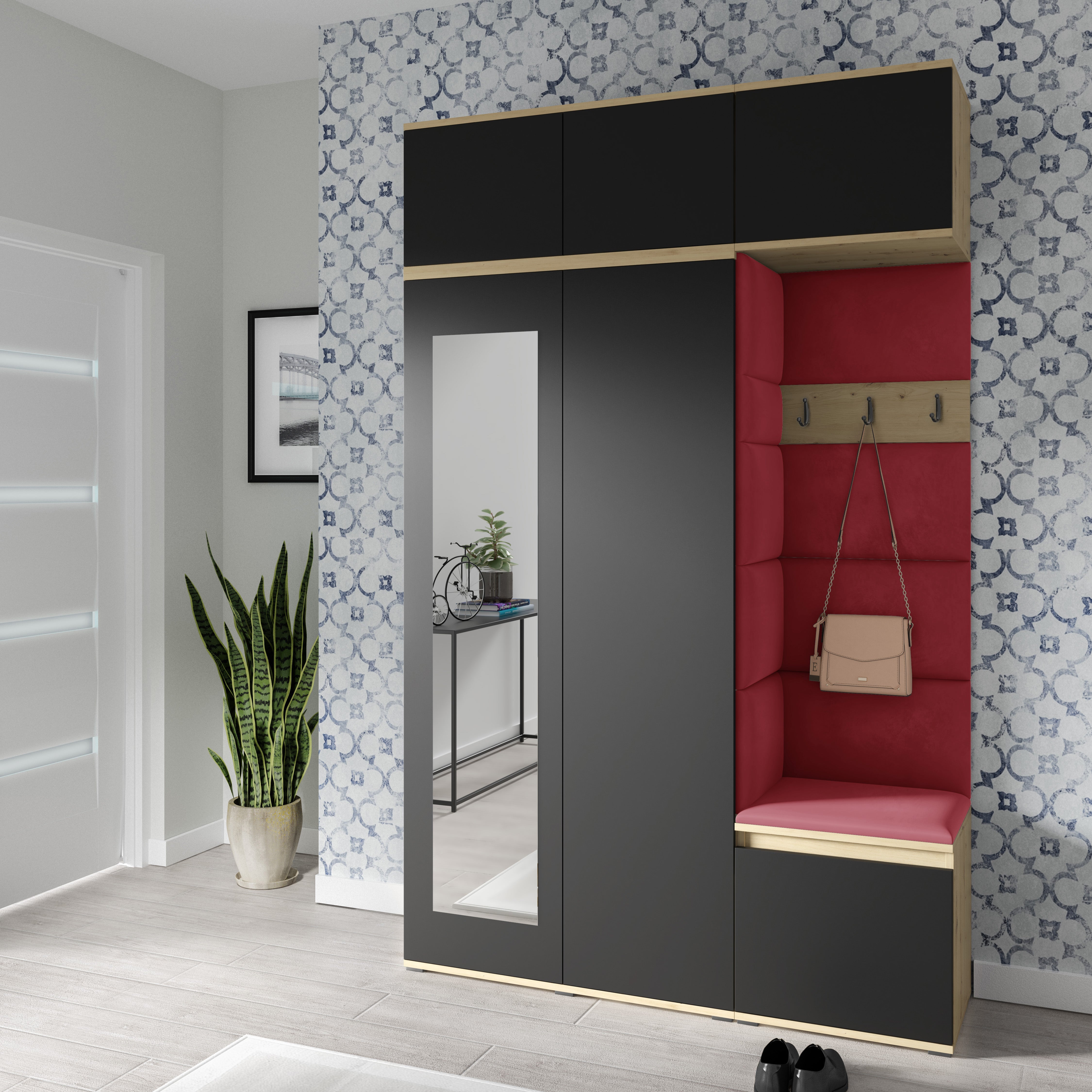 PK Emi 18 Hallway Wardrobe Artisan Oak / Black - Upholstered Panels in Various Colours