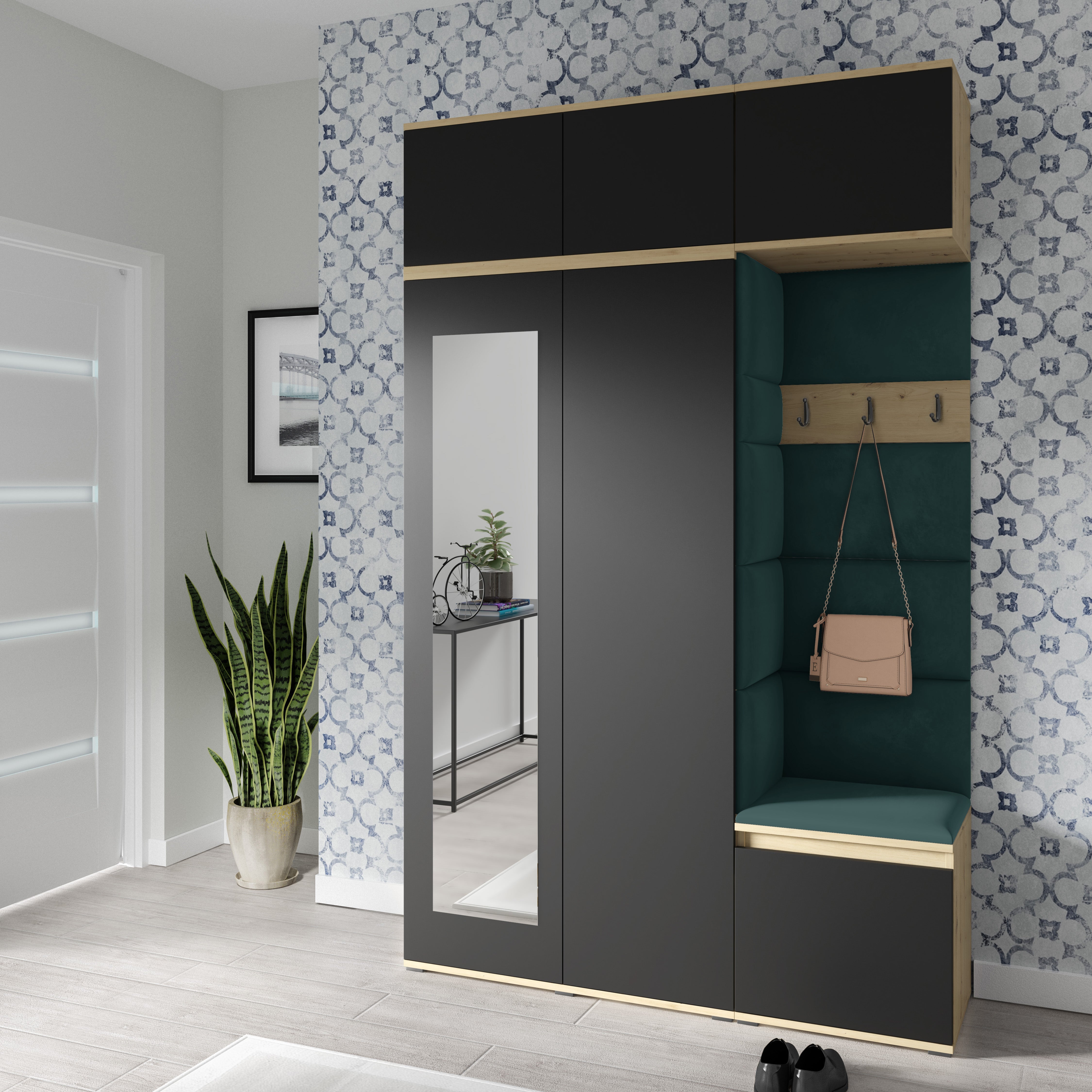 PK Emi 18 Hallway Wardrobe Artisan Oak / Black - Upholstered Panels in Various Colours