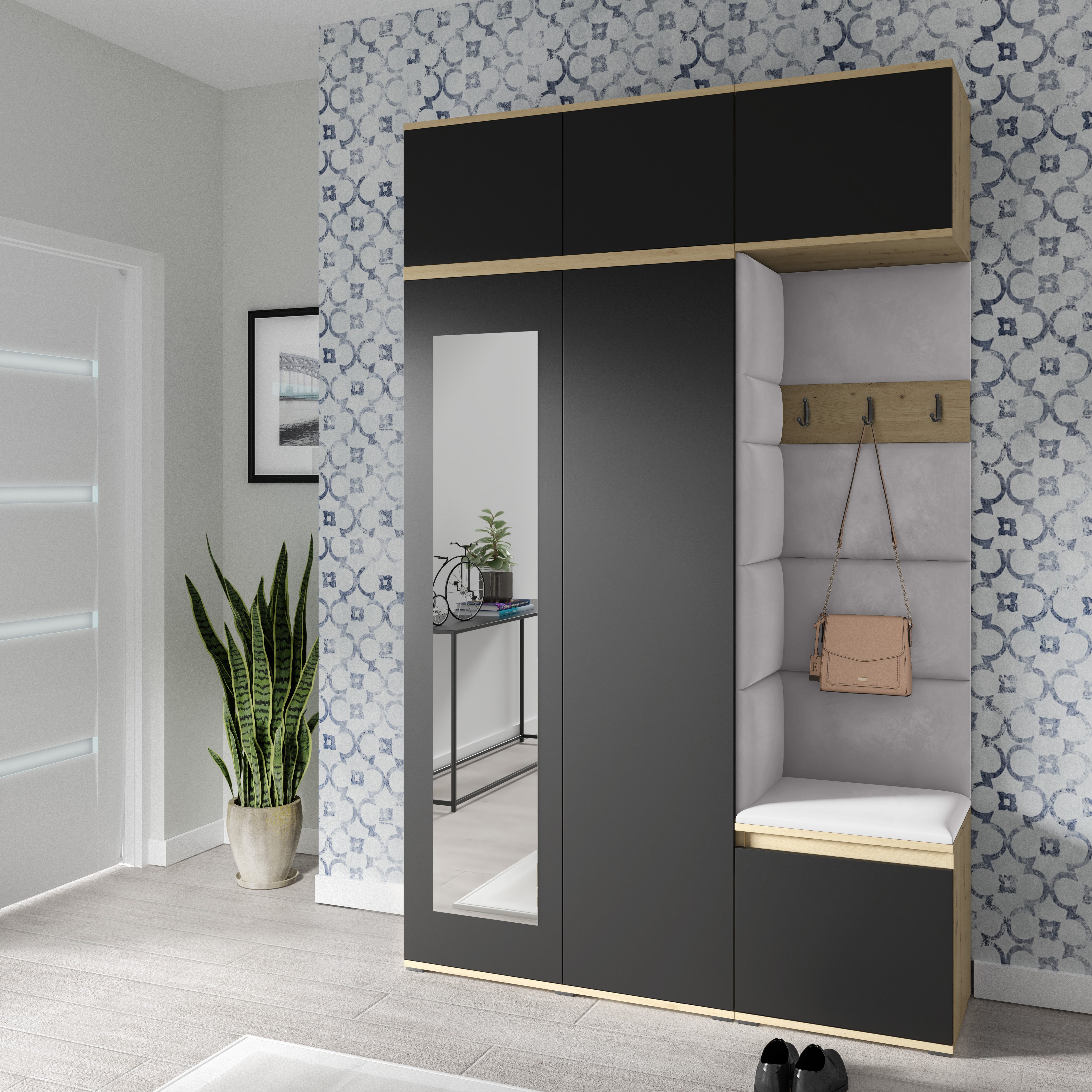 PK Emi 18 Hallway Wardrobe Artisan Oak / Black - Upholstered Panels in Various Colours