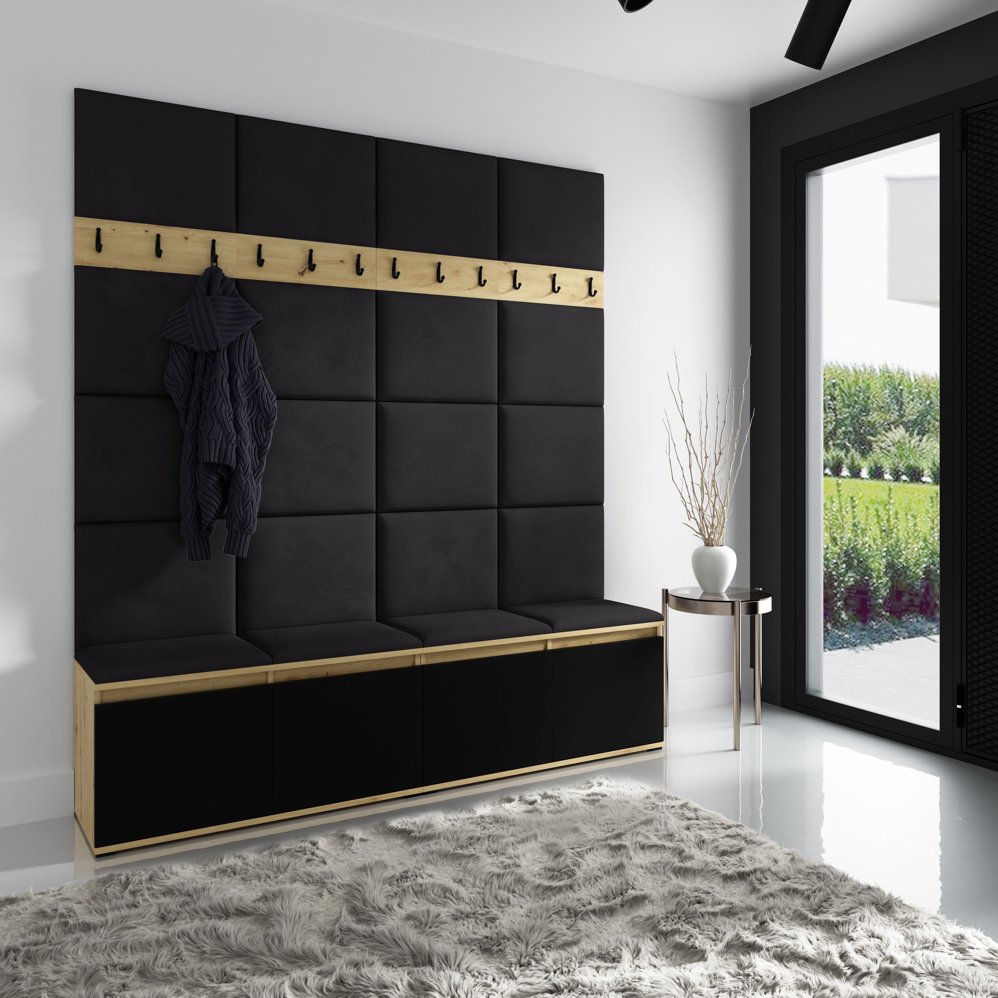 PK Emi 4 Hallway Wardrobe Artisan Oak / Black - Upholstered Panels in Various Colours