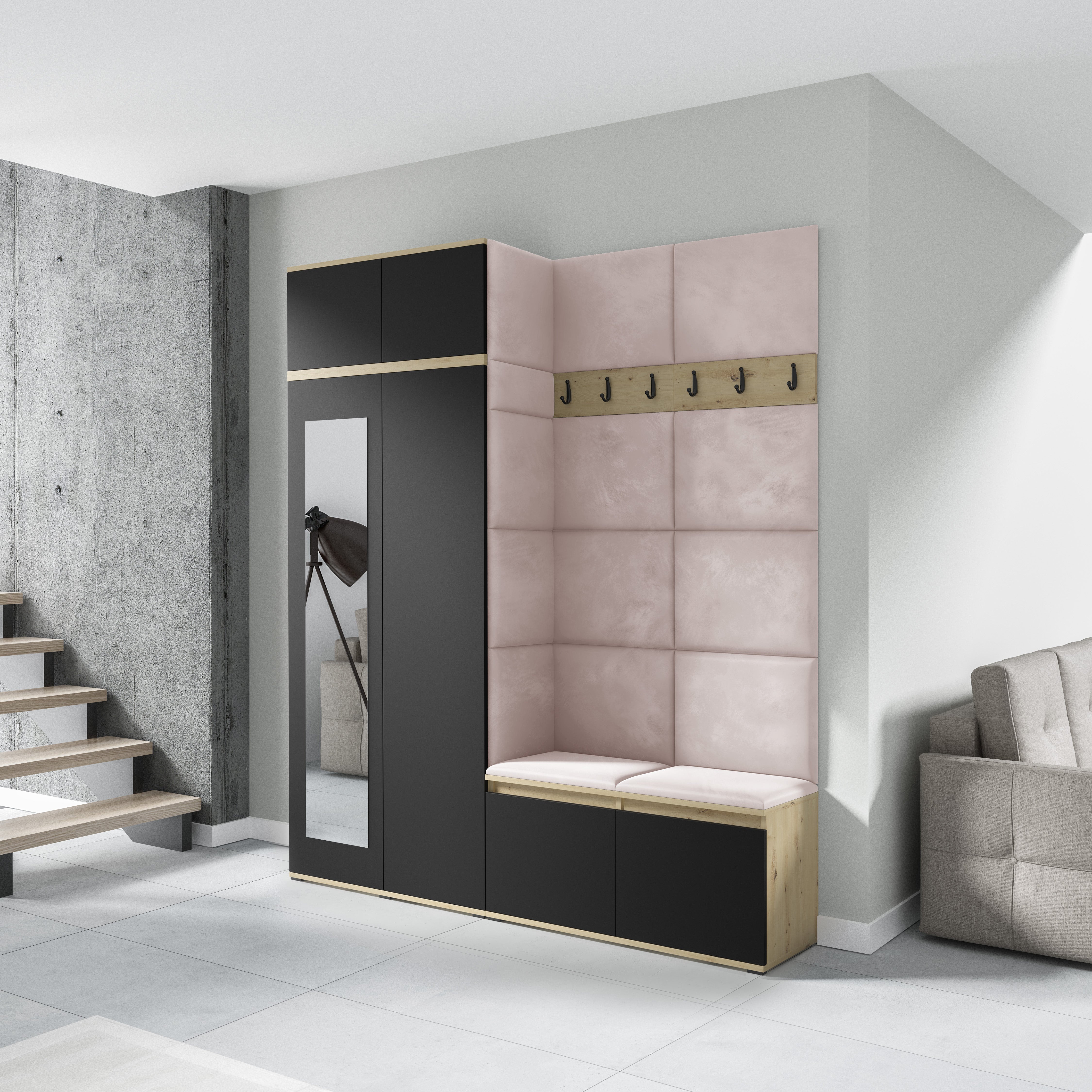 PK Emi 19 Hallway Wardrobe Artisan Oak / Black  - Upholstered Panels in Various Colours