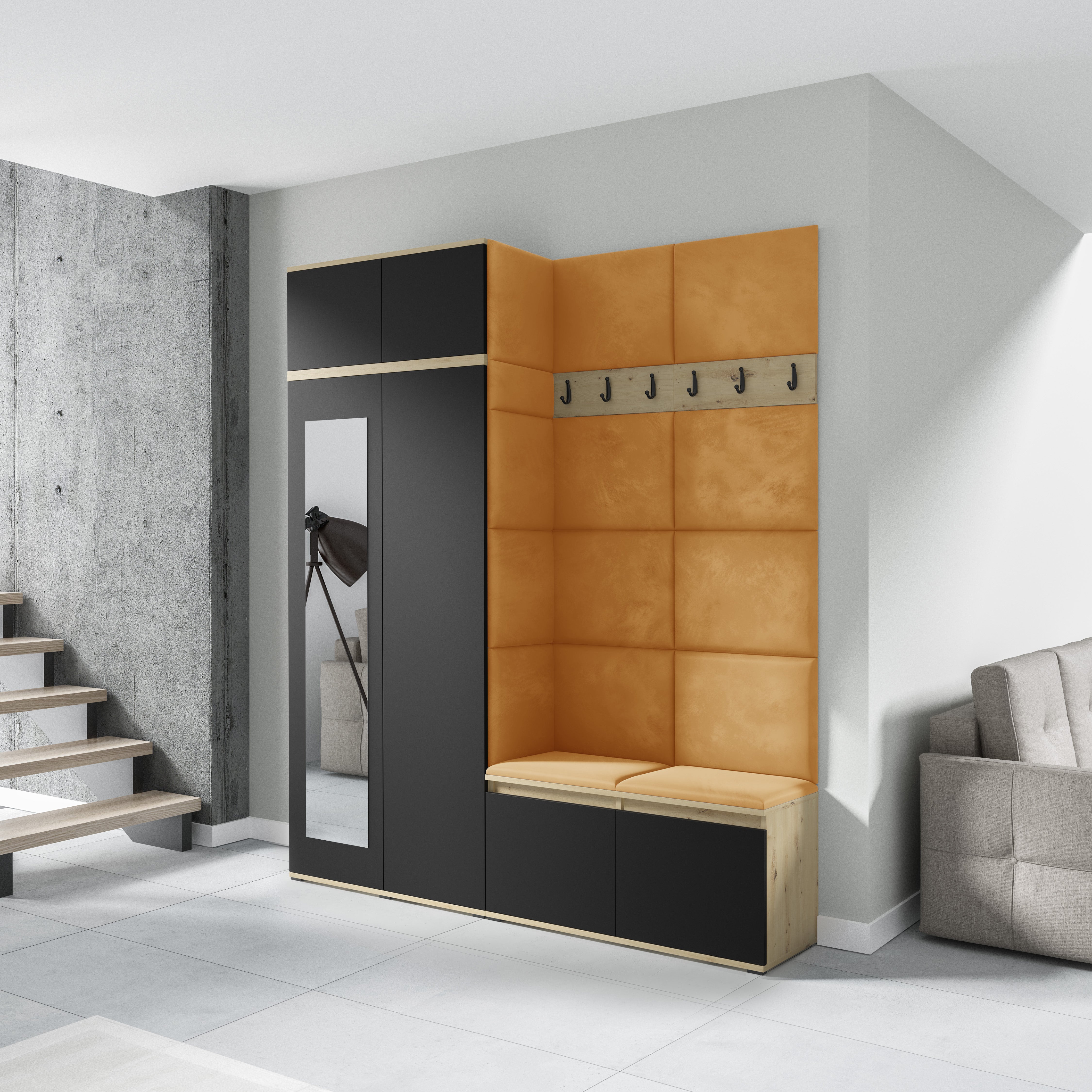 PK Emi 19 Hallway Wardrobe Artisan Oak / Black  - Upholstered Panels in Various Colours