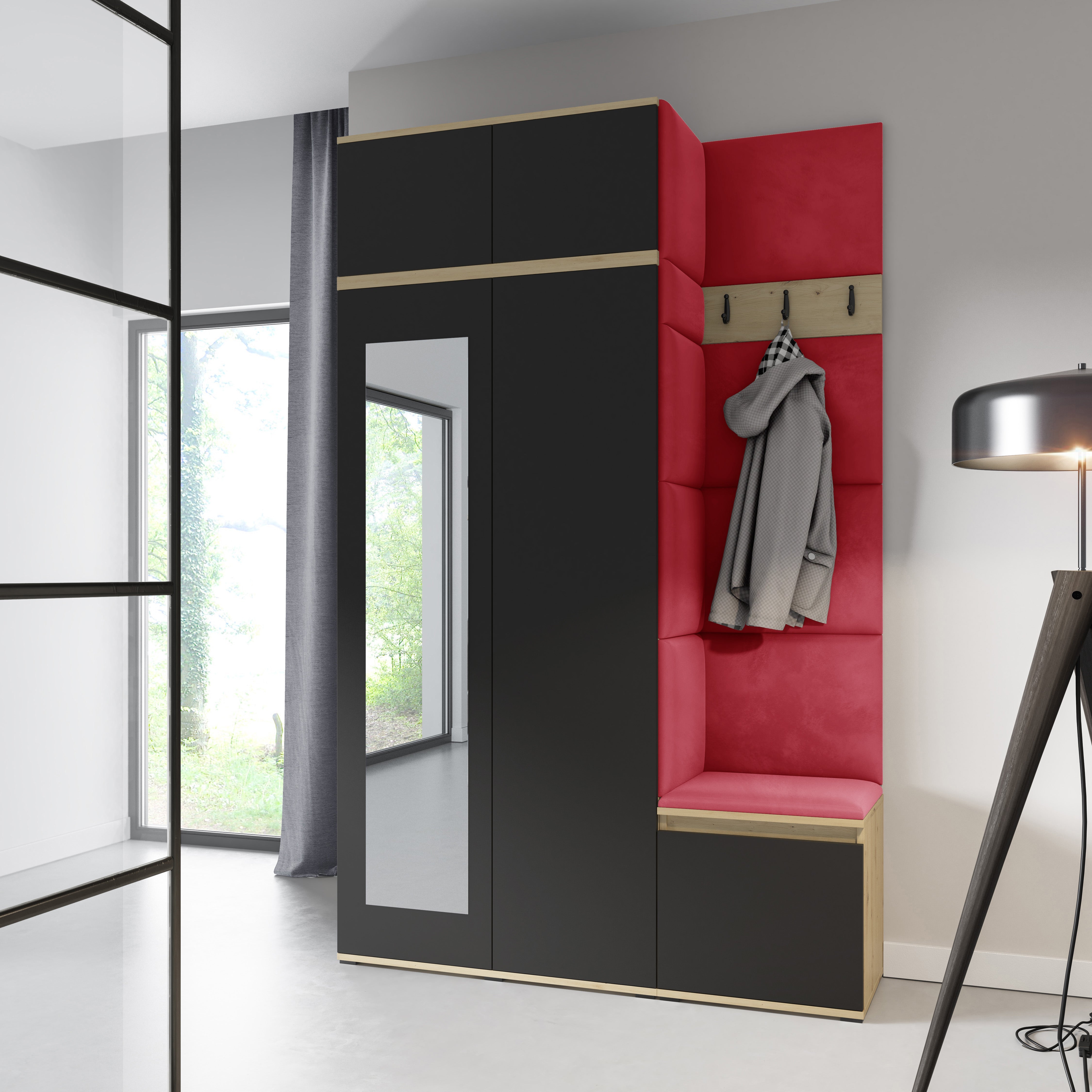 PK Emi 20 Hallway Wardrobe Artisan Oak / Black - Upholstered Panels in Various Colours