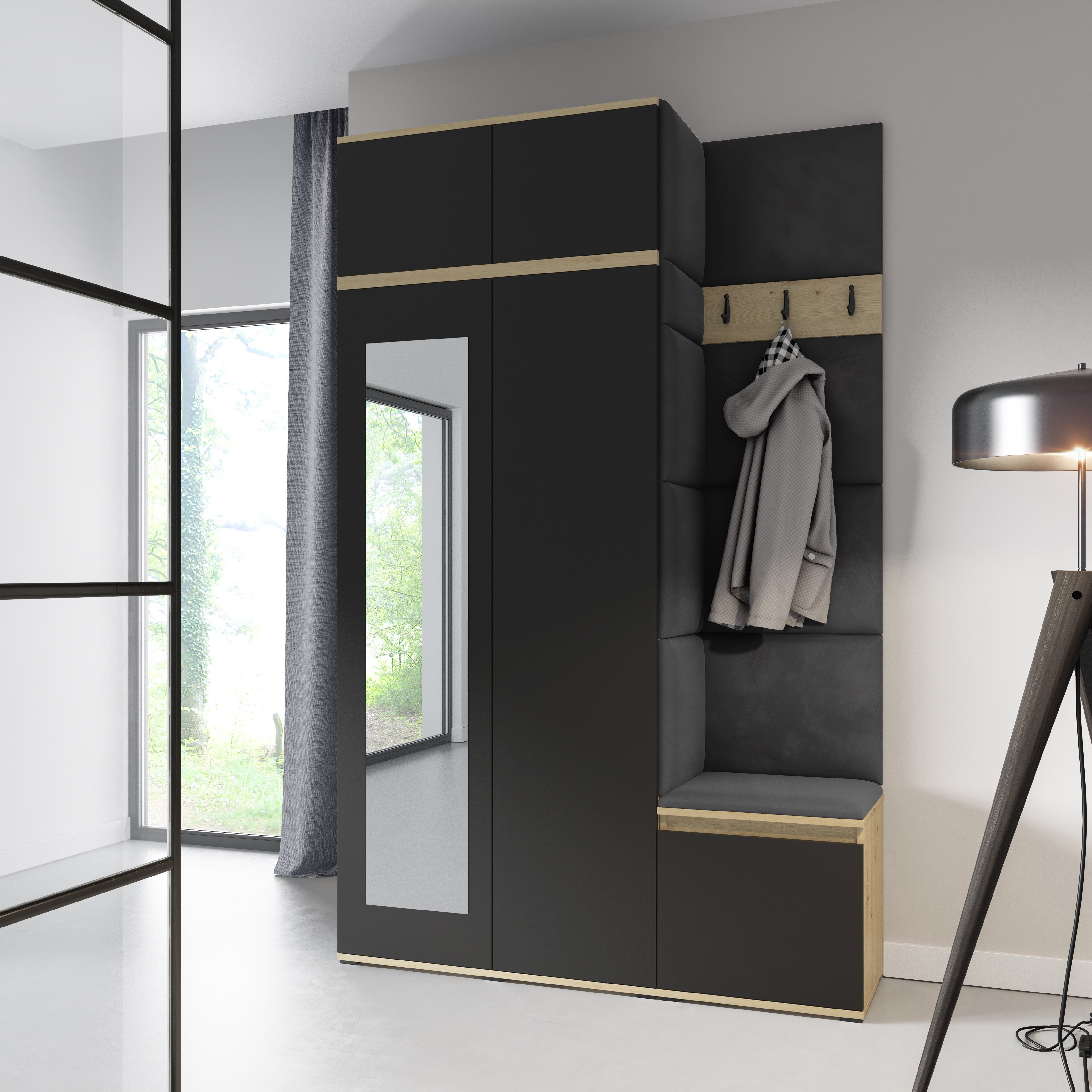 PK Emi 20 Hallway Wardrobe Artisan Oak / Black - Upholstered Panels in Various Colours