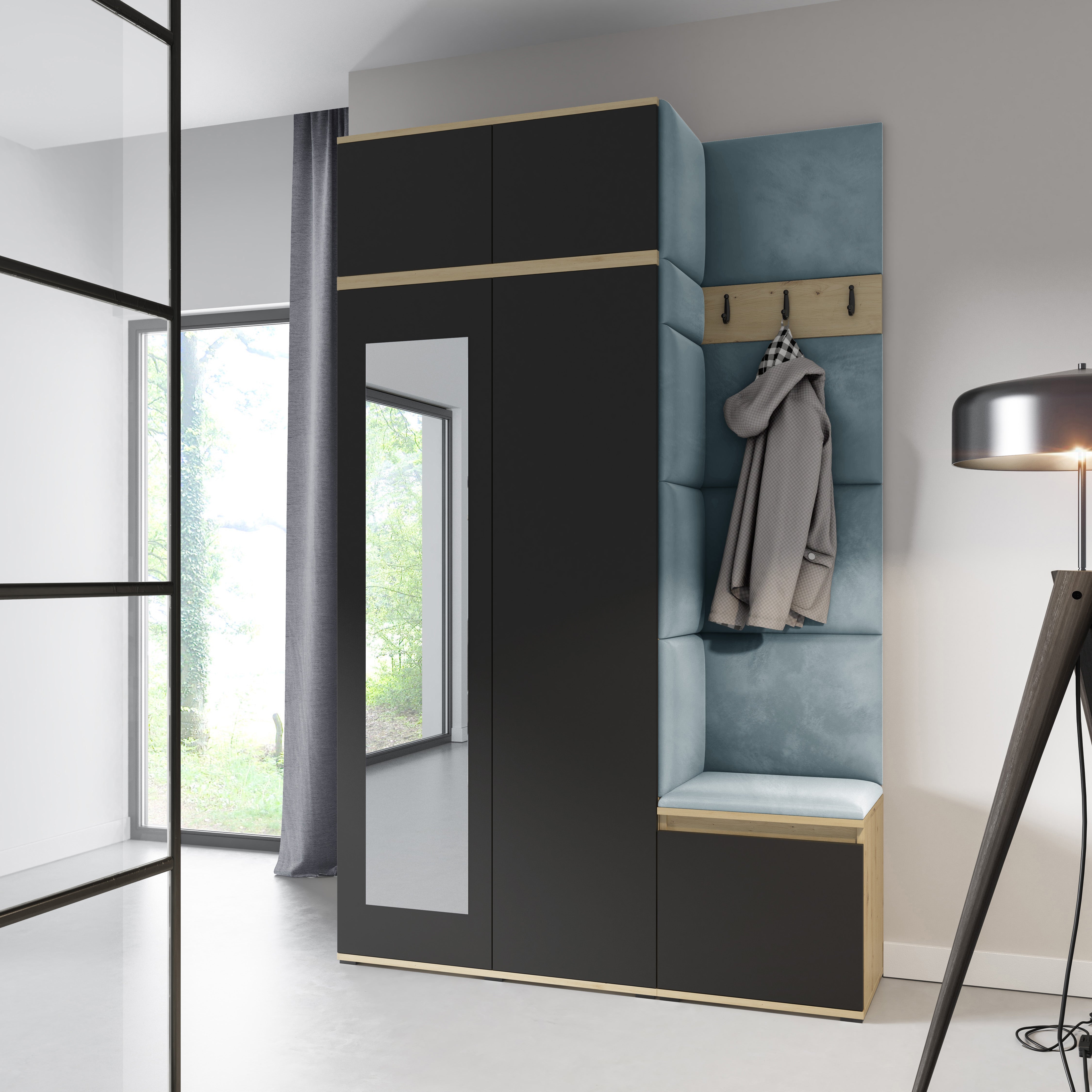 PK Emi 20 Hallway Wardrobe Artisan Oak / Black - Upholstered Panels in Various Colours