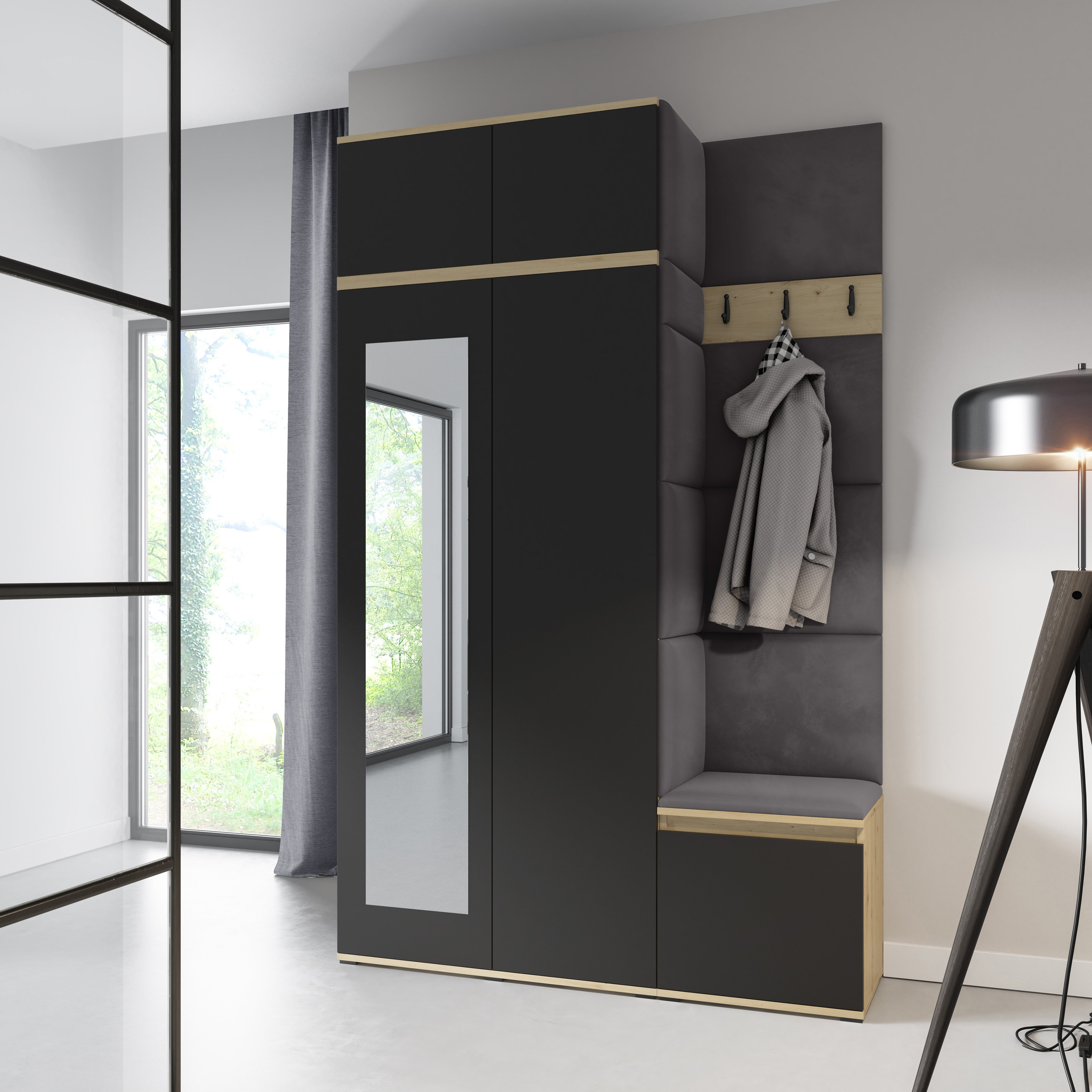 PK Emi 20 Hallway Wardrobe Artisan Oak / Black - Upholstered Panels in Various Colours