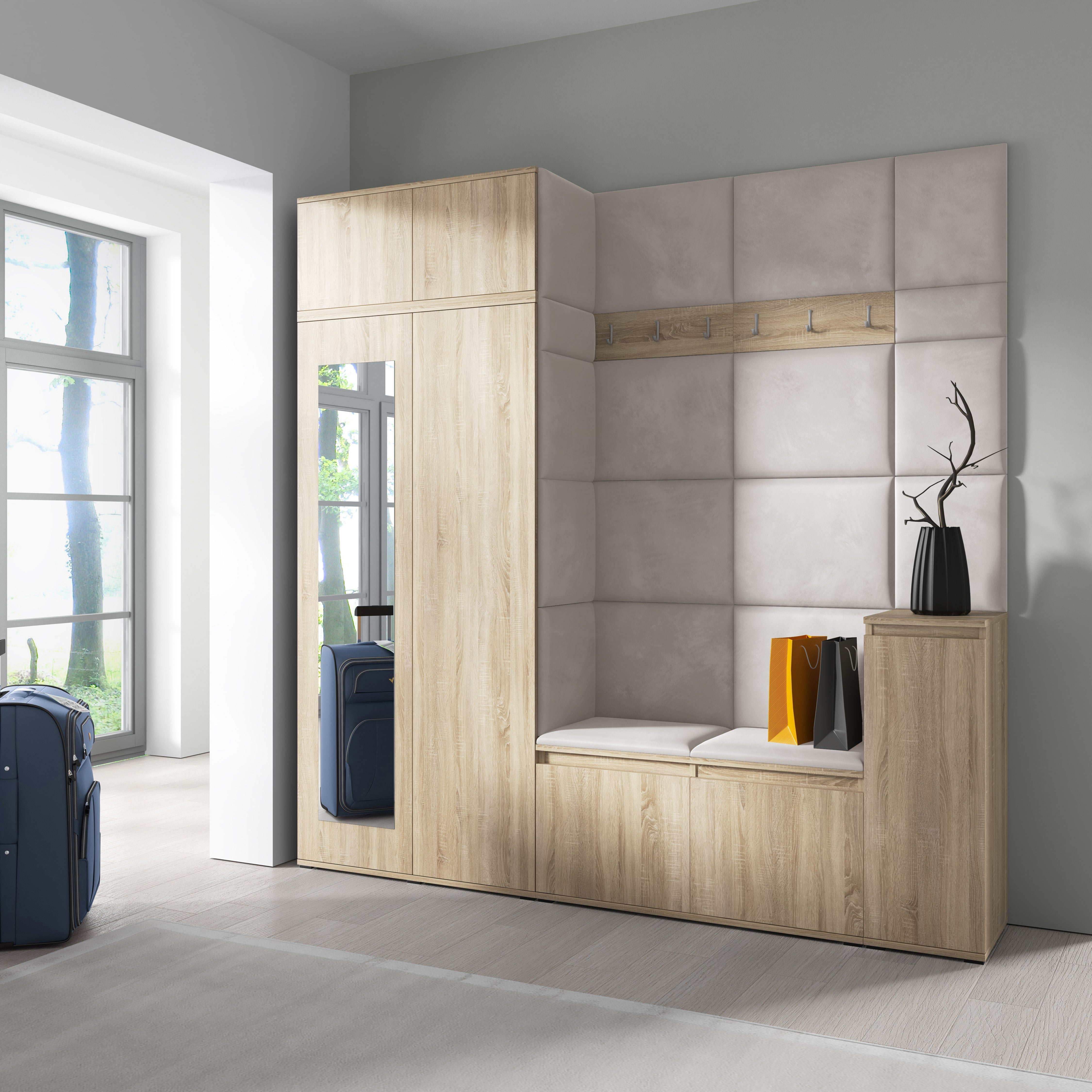 PK Emi 26 Hallway Wardrobe Sonoma Oak - Upholstered Panels in Various Colours