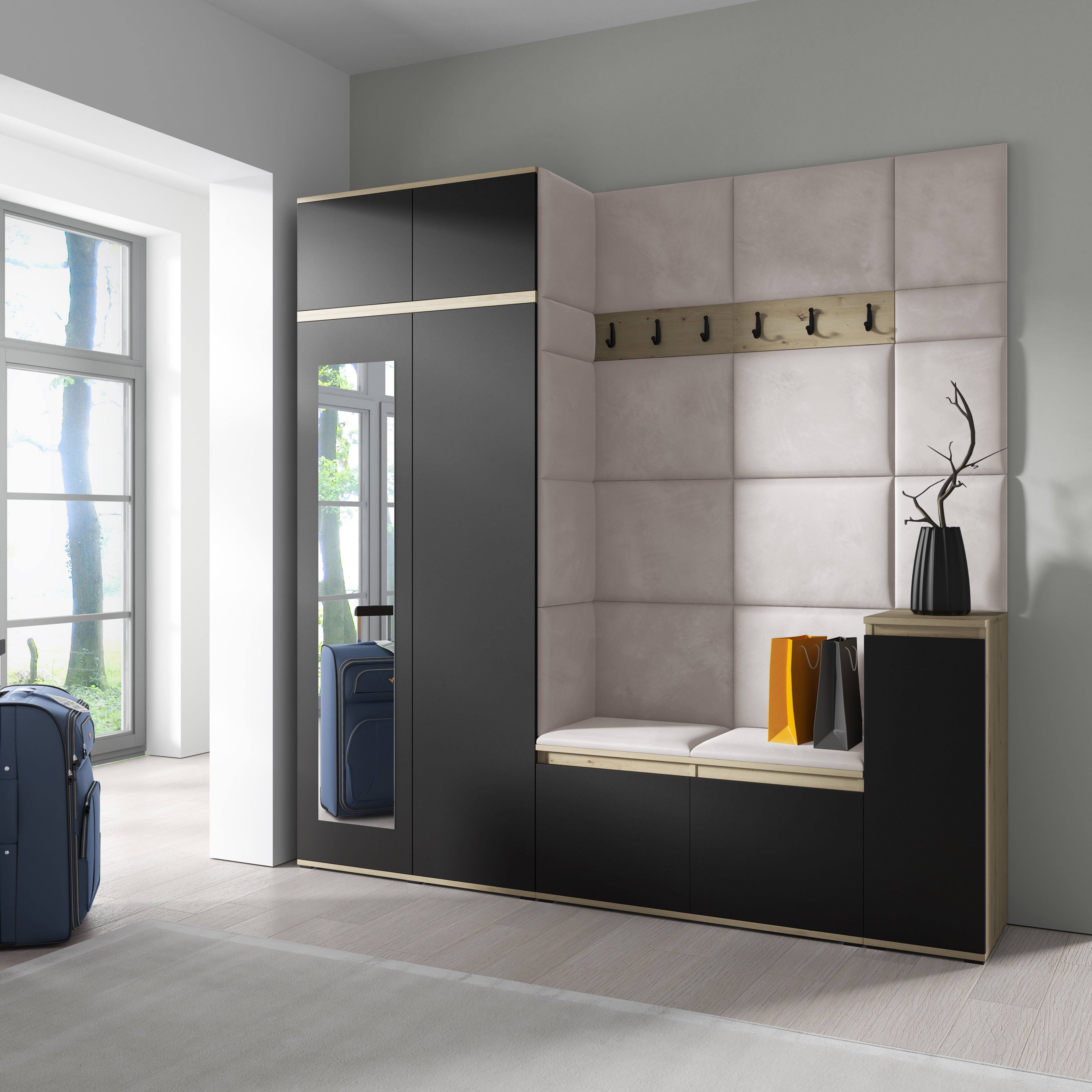 PK Emi 26 Hallway Wardrobe Aristan Oak/Black - Upholstered Panels in Various Colours