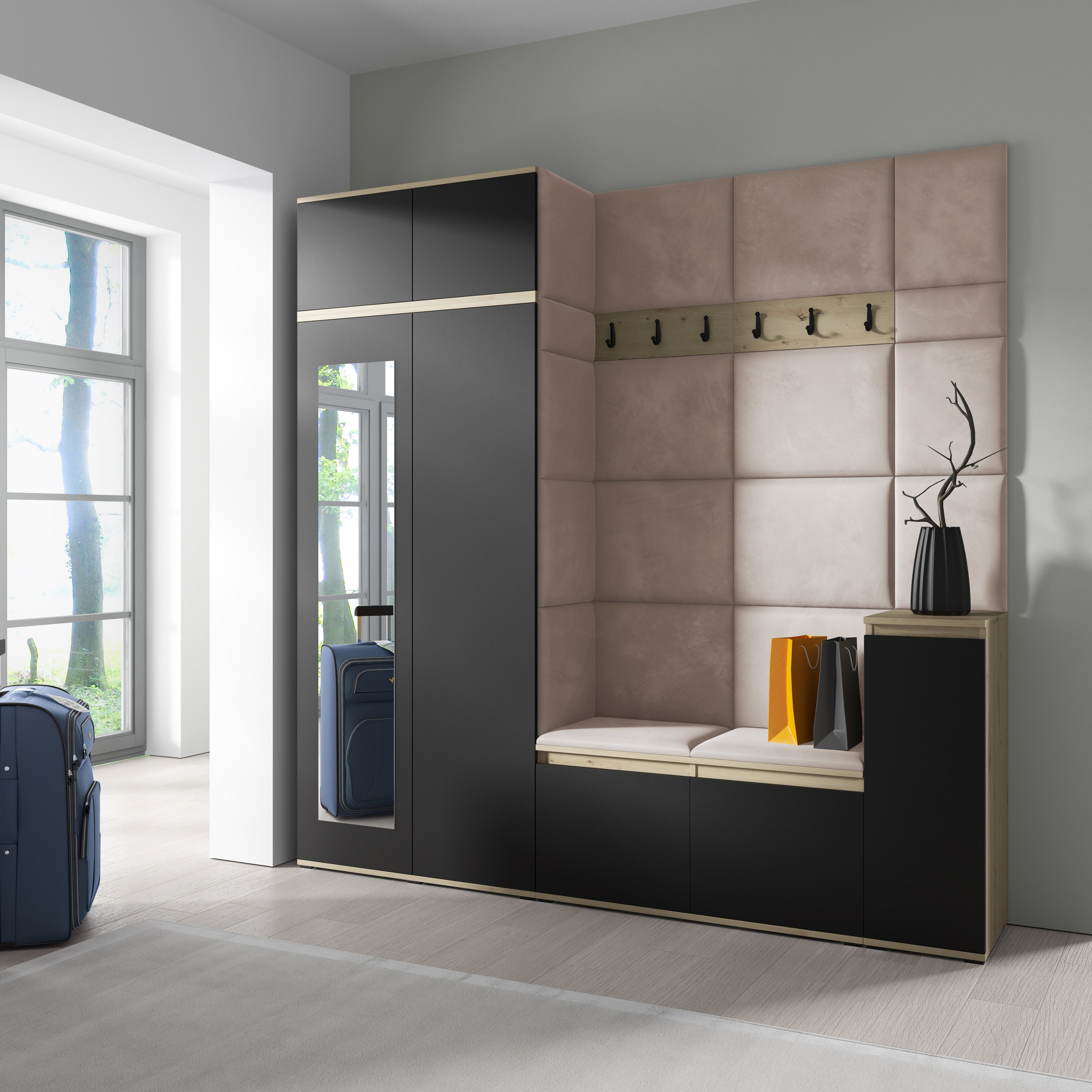 PK Emi 26 Hallway Wardrobe Aristan Oak/Black - Upholstered Panels in Various Colours