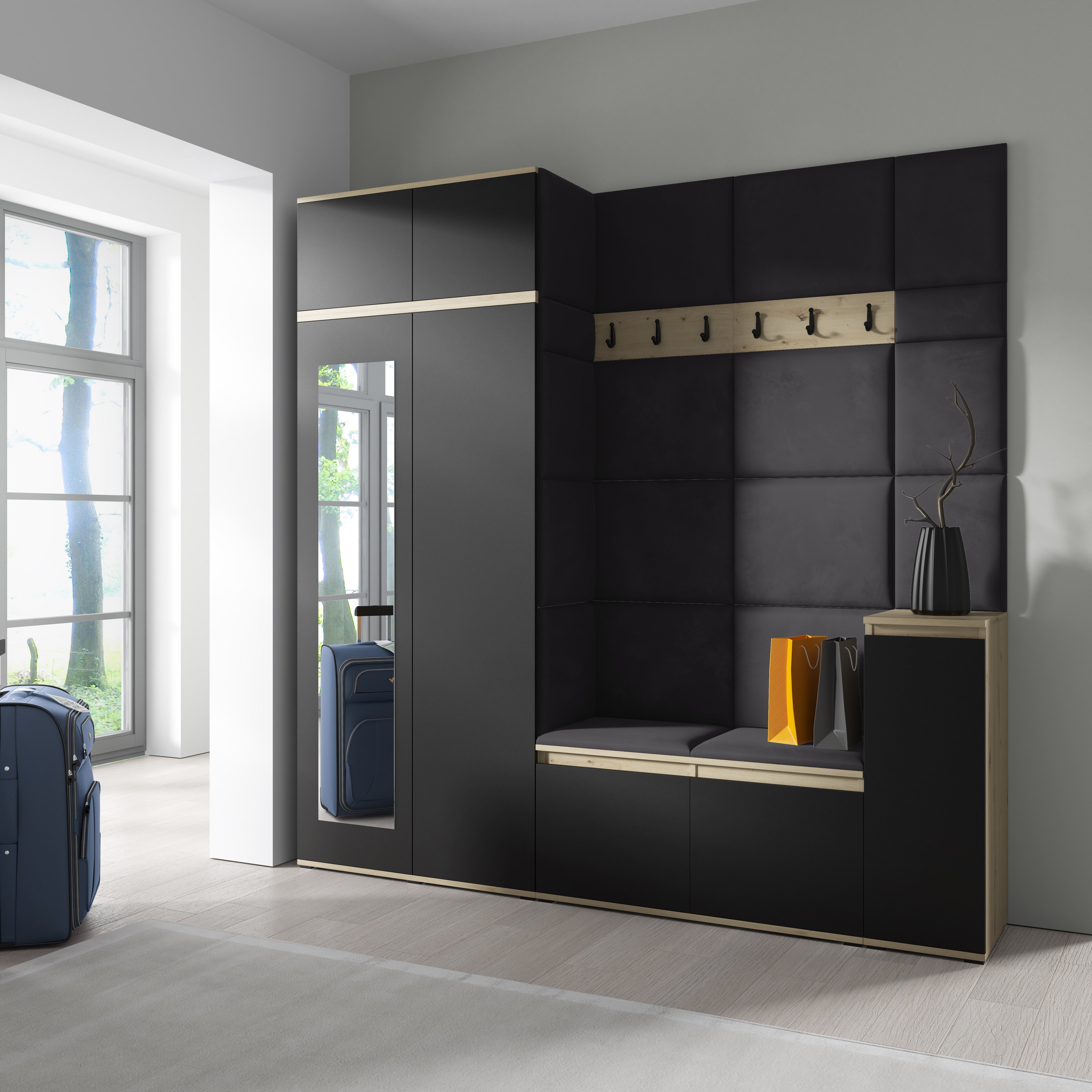 PK Emi 26 Hallway Wardrobe Aristan Oak/Black - Upholstered Panels in Various Colours