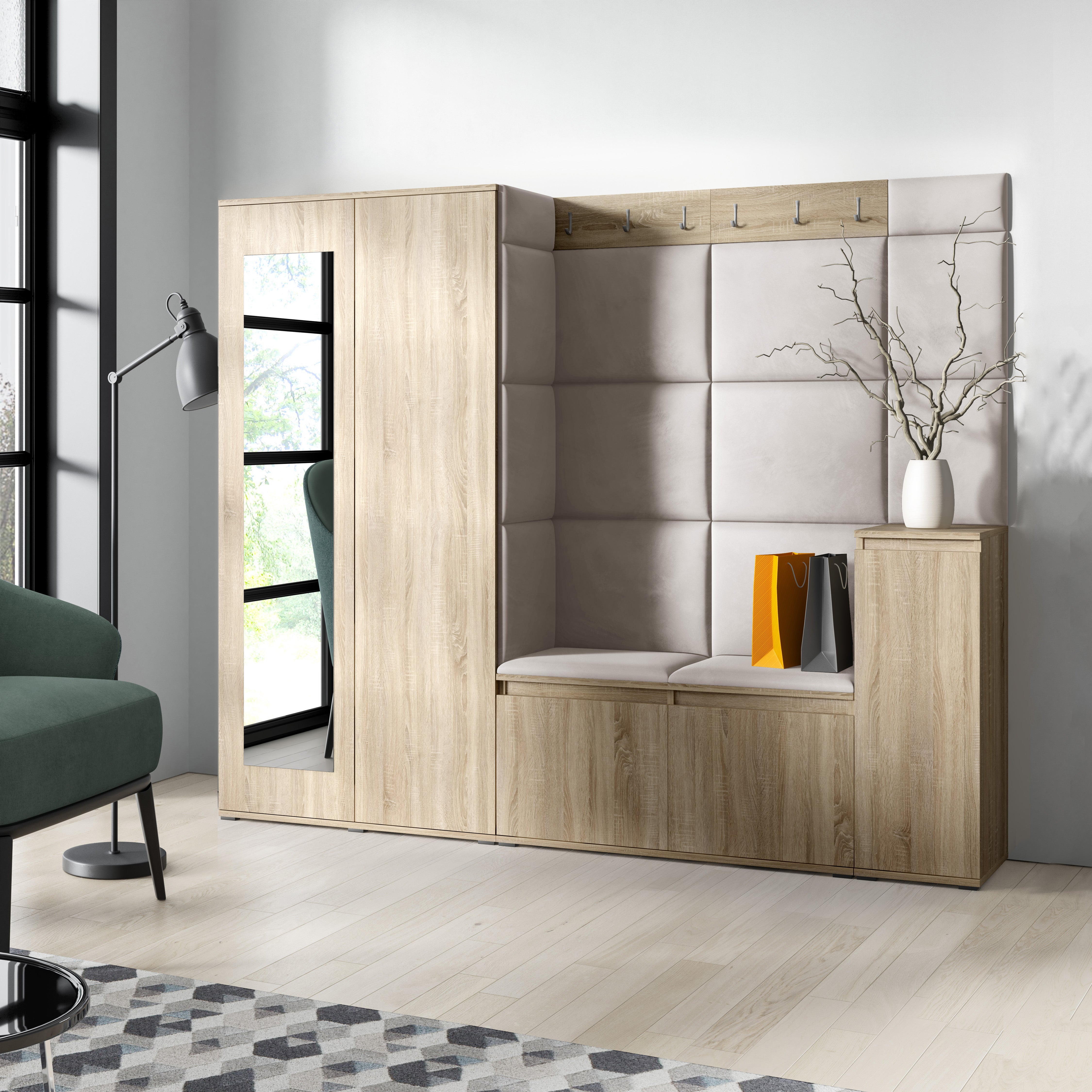 PK Emi 27 Hallway Wardrobe Sonoma Oak  - Upholstered Panels in Various Colours