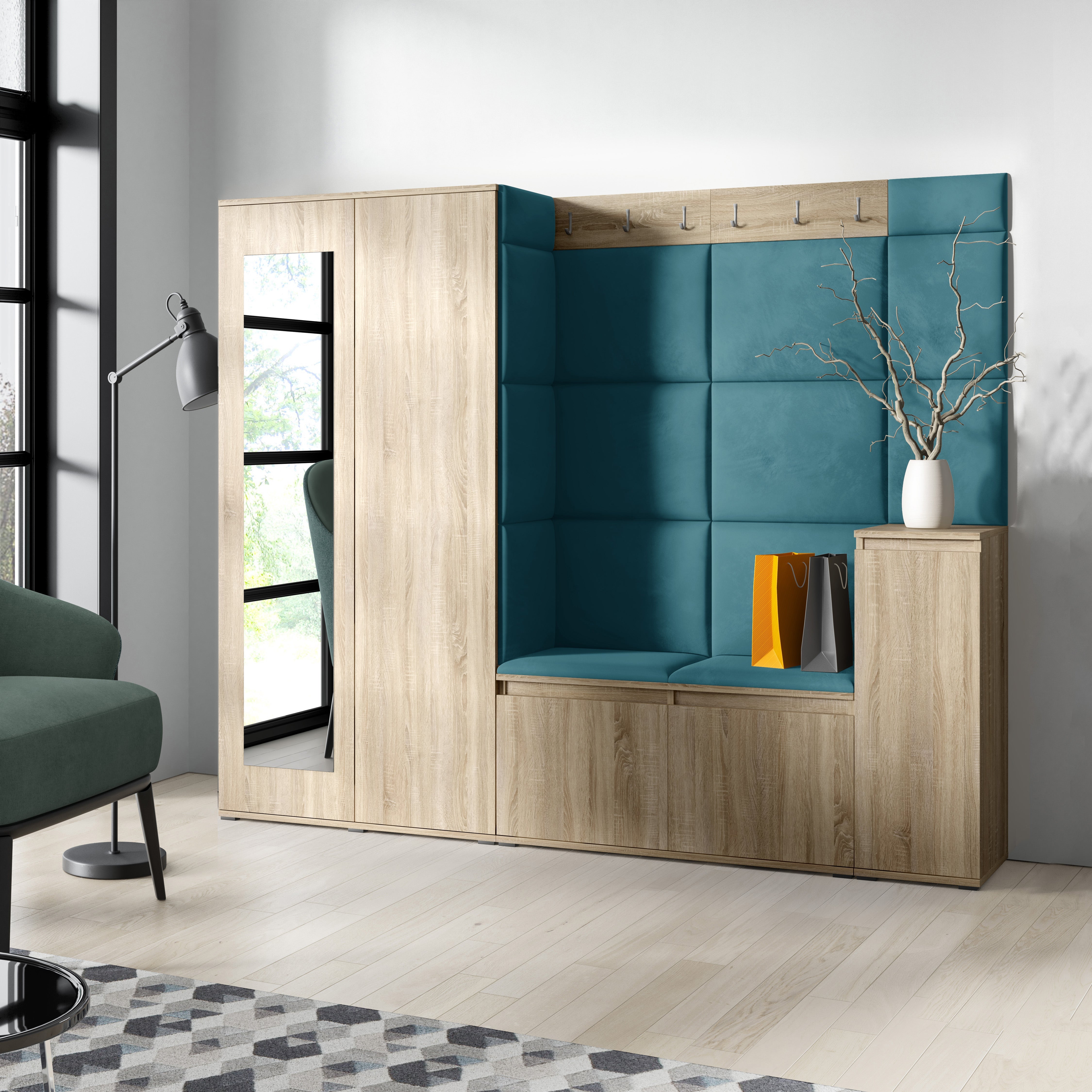 PK Emi 27 Hallway Wardrobe Sonoma Oak  - Upholstered Panels in Various Colours