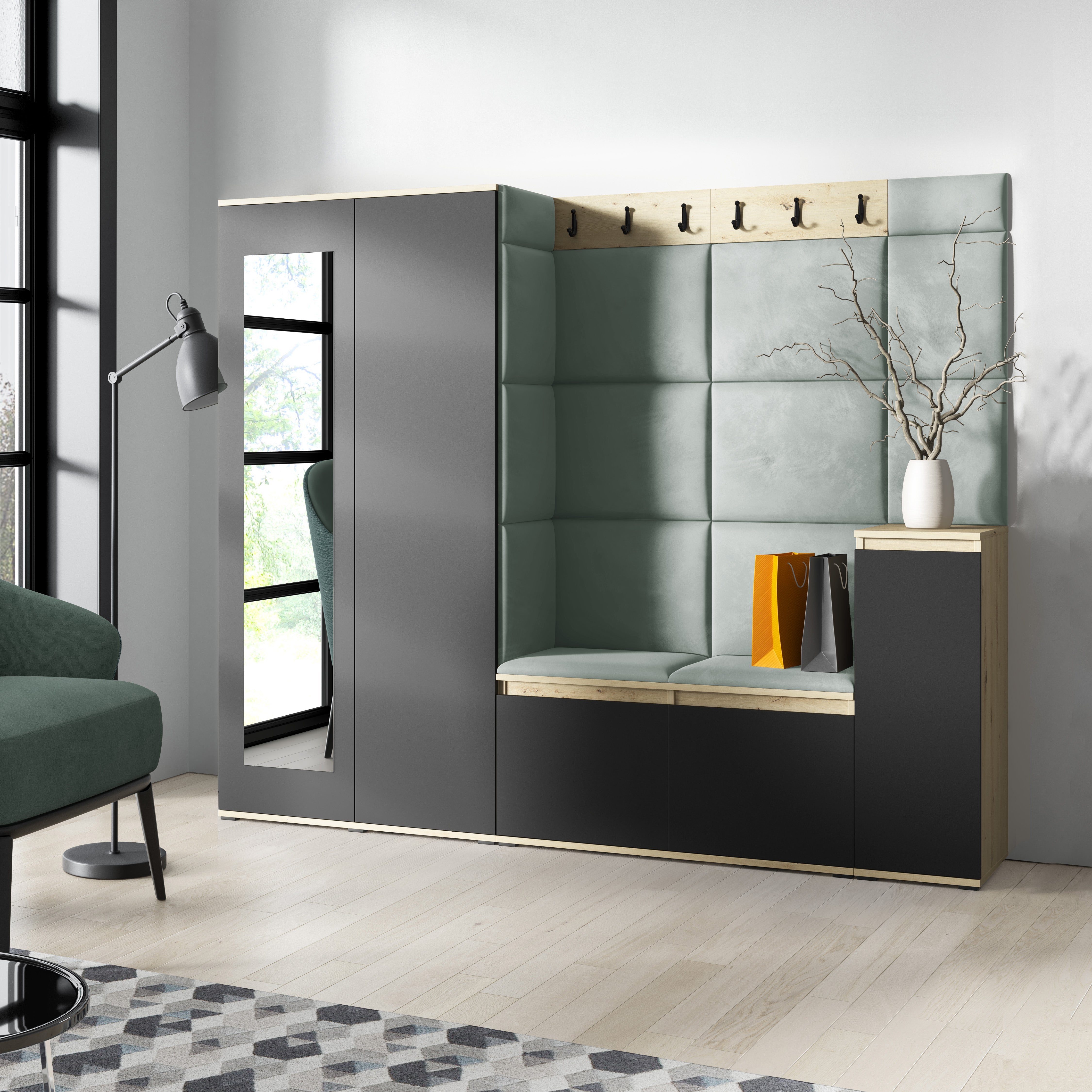 PK Emi 27 Hallway Wardrobe Aristan Oak/Black  - Upholstered Panels in Various Colours