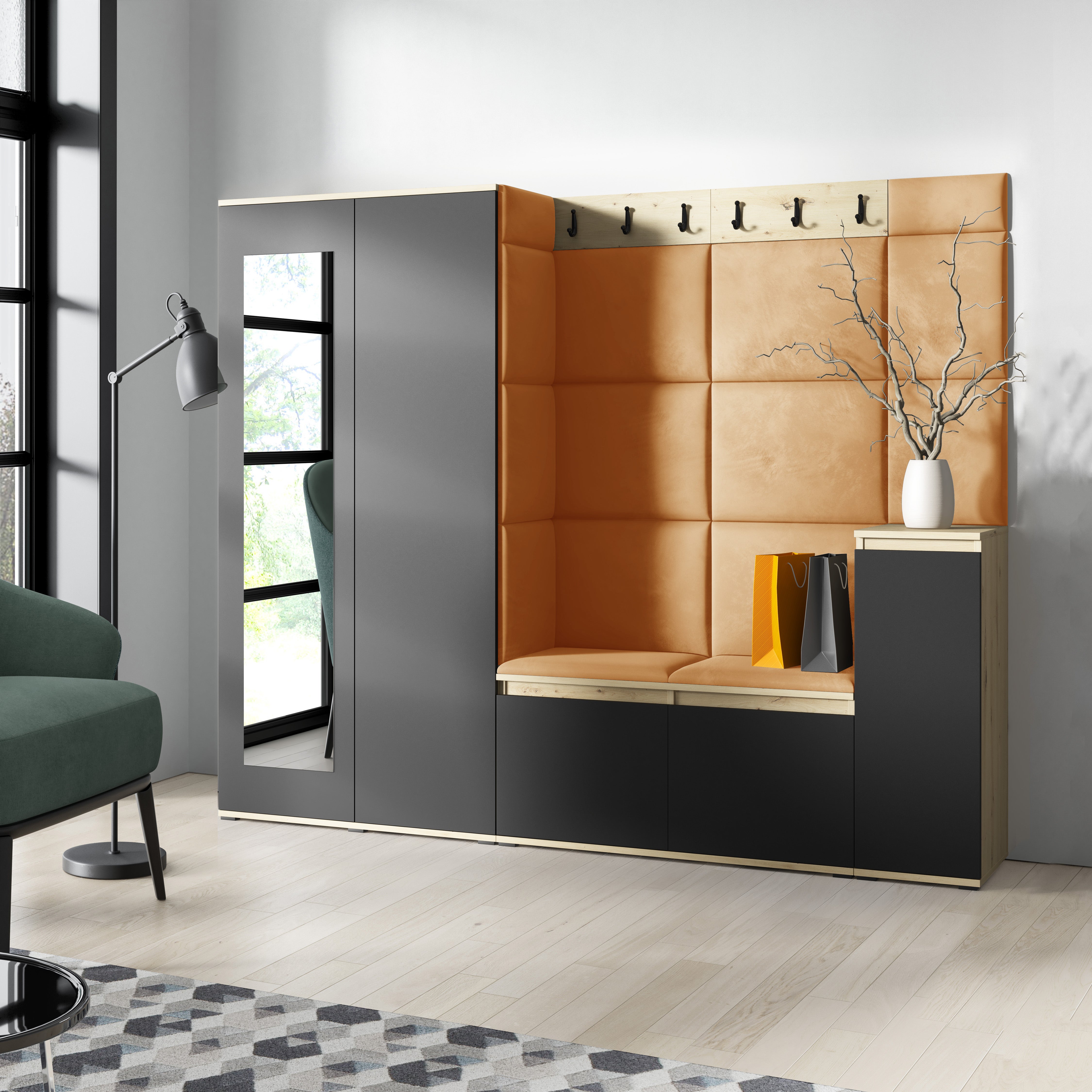 PK Emi 27 Hallway Wardrobe Aristan Oak/Black  - Upholstered Panels in Various Colours