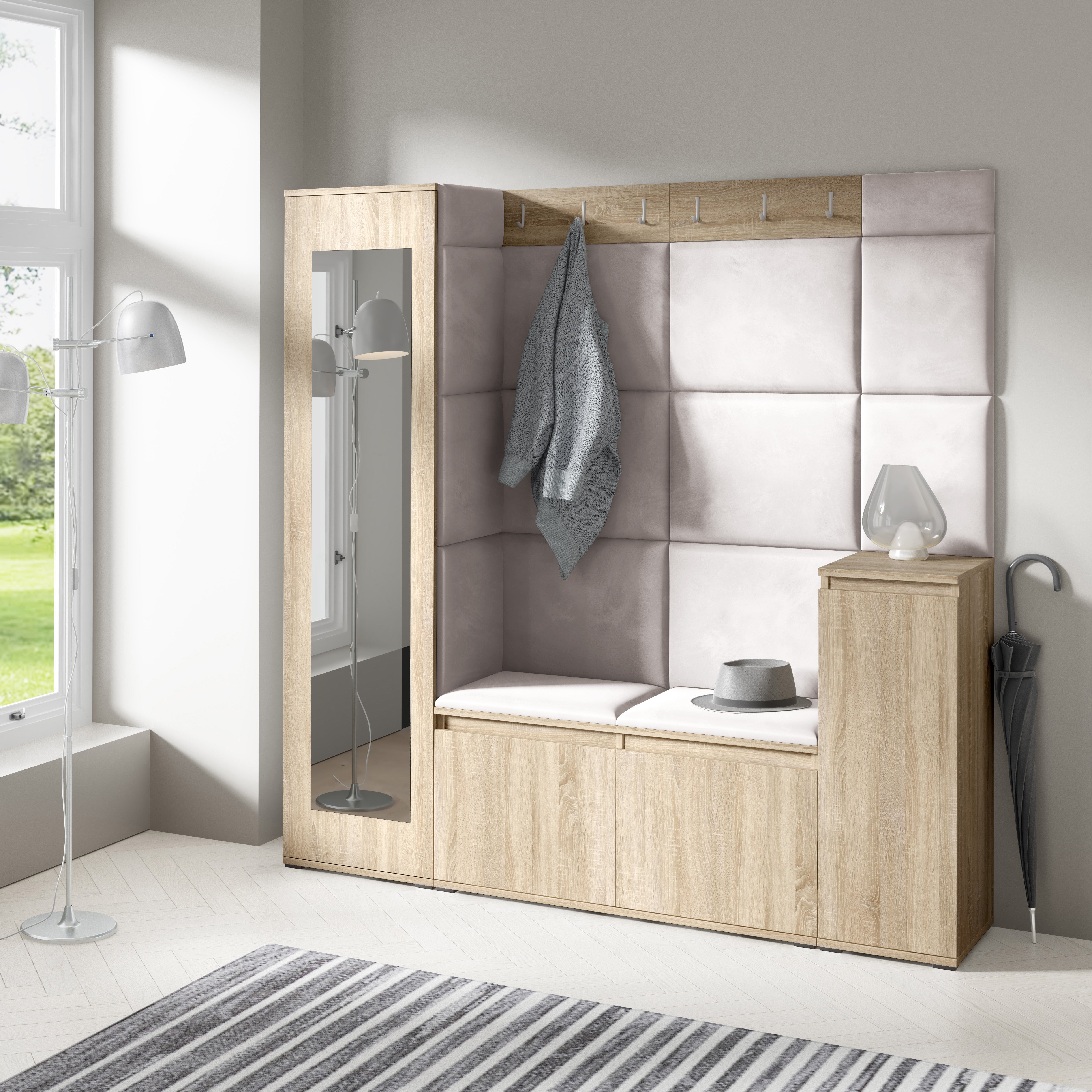 PK Emi 28 Hallway Wardrobe Sonoma Oak - Upholstered Panels in Various Colours