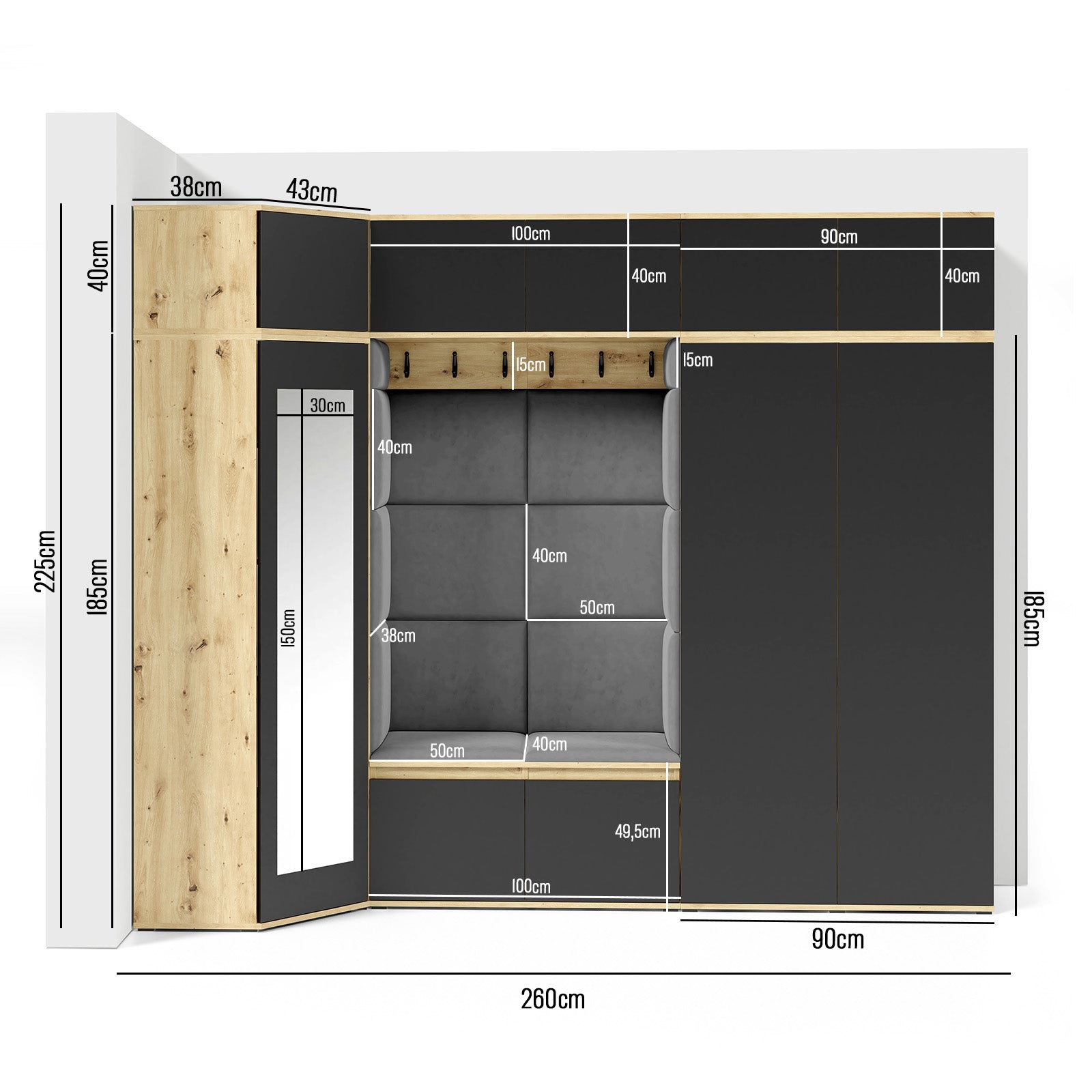 PK Emi 39 Flurgarderobe Graphit - Polsterpaneele in verschiedenen Farben