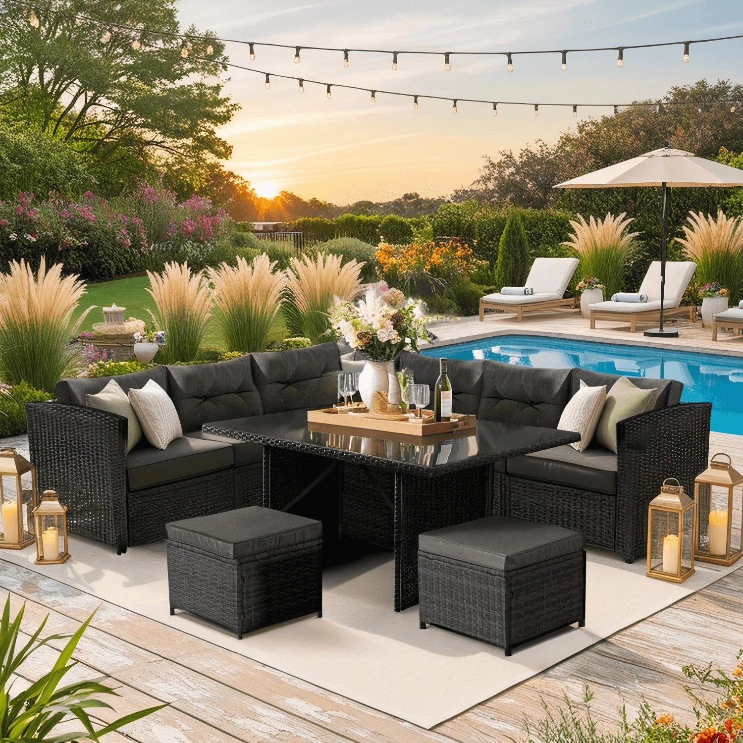 Elite DALLAS Outdoor Furniture Set  Black/Dark Grey - Luxury Rattan Garden Loung