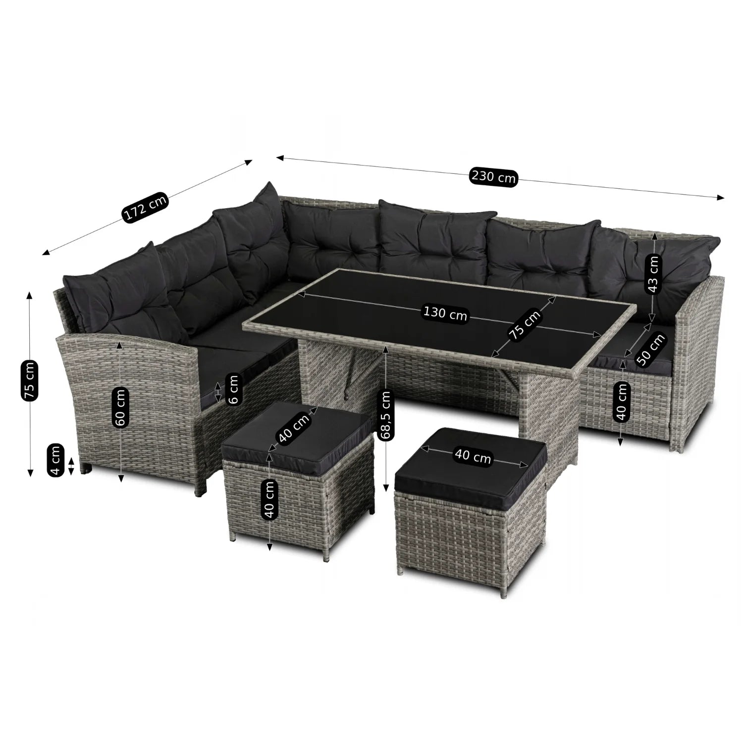 Elite DALLAS Gartenmöbel-Set Grau/Schwarz – Luxuriöse Rattan-Gartenlounge